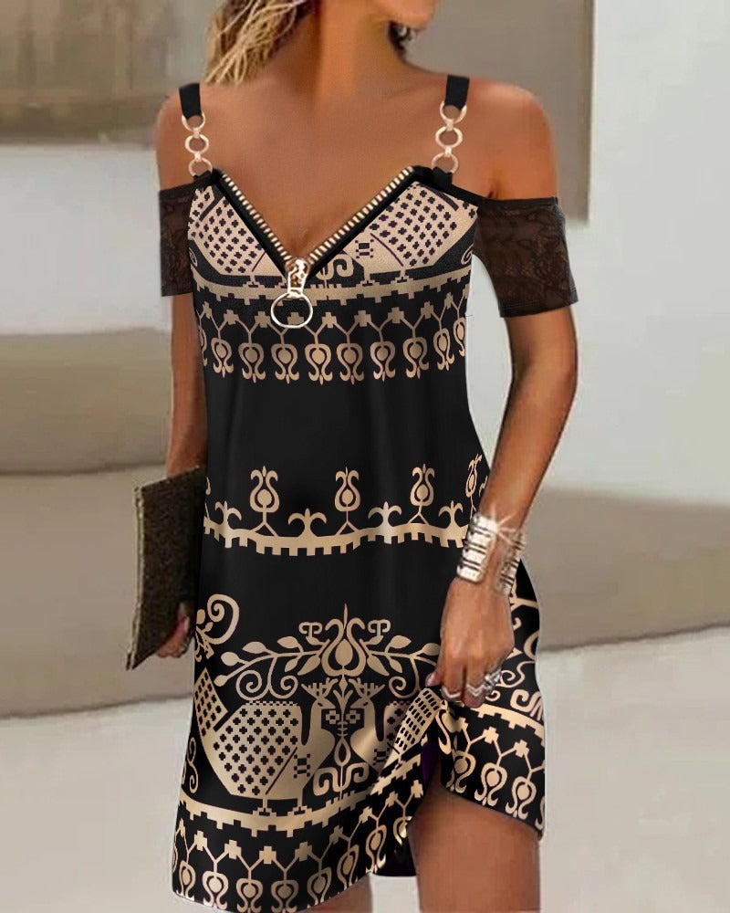 Tribal Print V Neck Cold Shoulder Dress