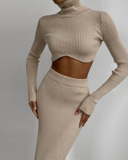 Threaded High Collar Irregular Crop Top Slit Skirt Suit