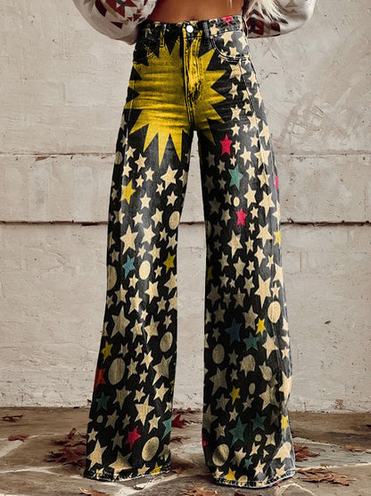 Women's Vintage Stars Print Casual Wide Leg Pants