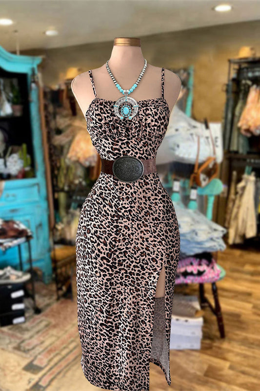 Vintage Leopard Print Slit Dress