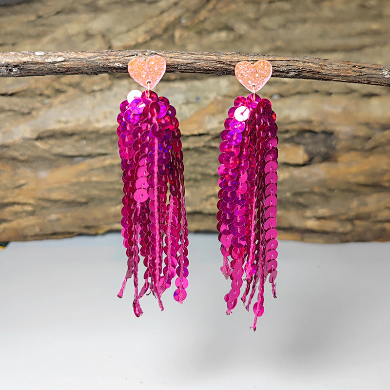 Valentine's Day Shiny Laser Sequin Love Tassel Earrings