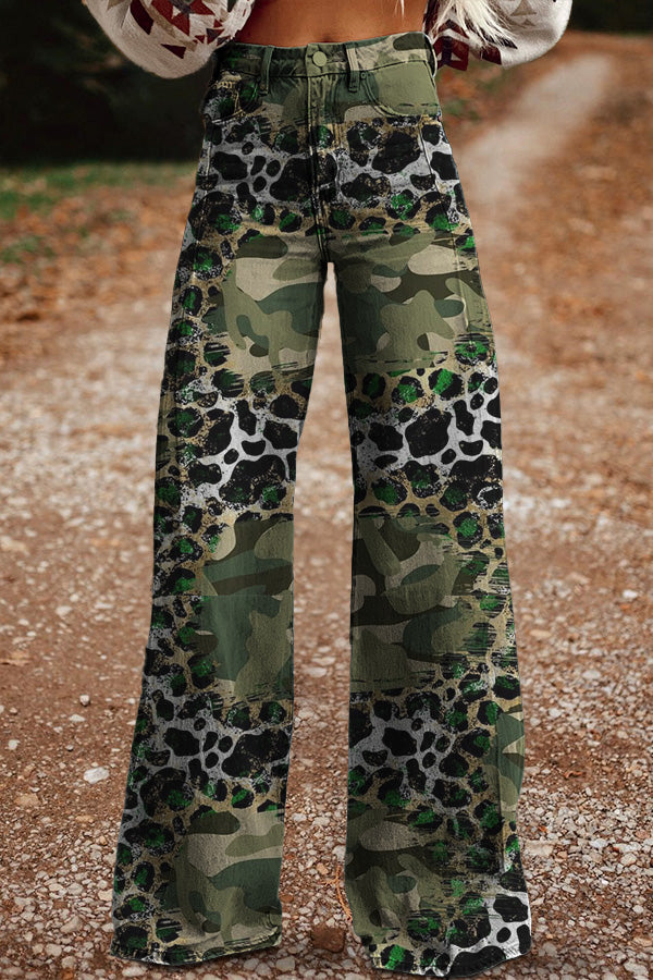 Leopard Camo Print Wide Leg Pants