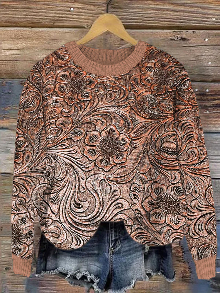 Tooled Leather Floral Embossed Western Print Cozy Sweater