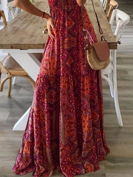 High Waist V-Neck Vintage Print Maxi Dress