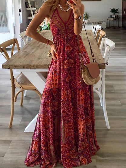 High Waist V-Neck Vintage Print Maxi Dress