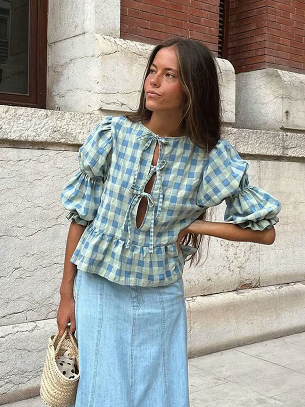 Casual Strappy Plaid Puff Sleeve Shirt