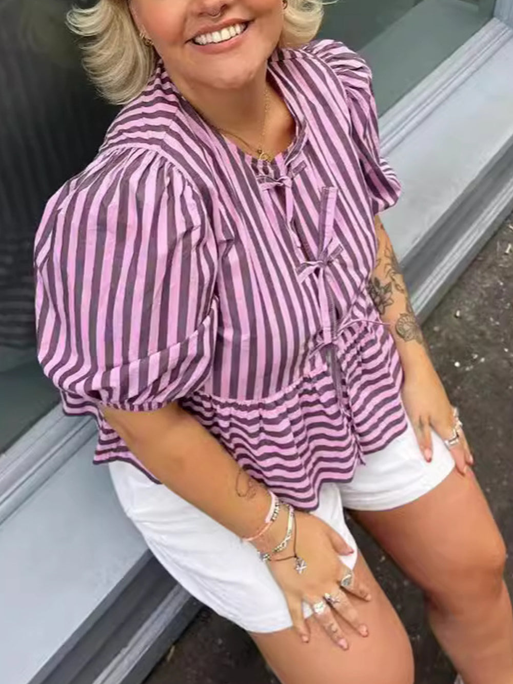 Purple Gray Striped Crew Neck Shirt