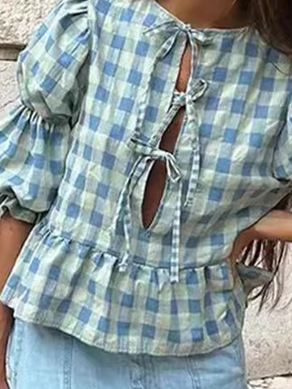 Casual Strappy Plaid Puff Sleeve Shirt