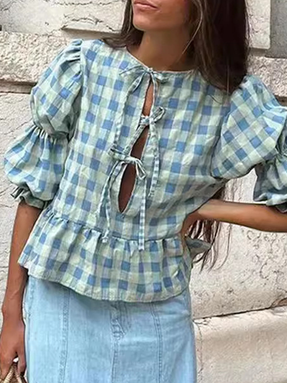 Casual Strappy Plaid Puff Sleeve Shirt