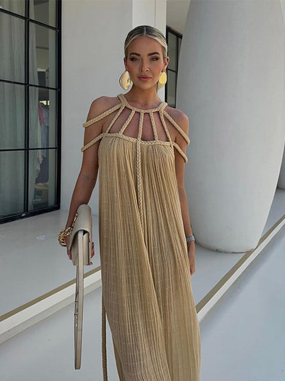 Linen Blend Draped Braids Cover Up Maxi Dress