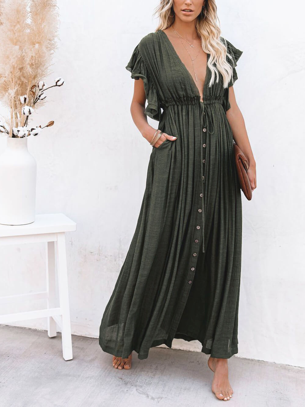 Button Cotton Linen Perfect Beach Boho Maxi Dress