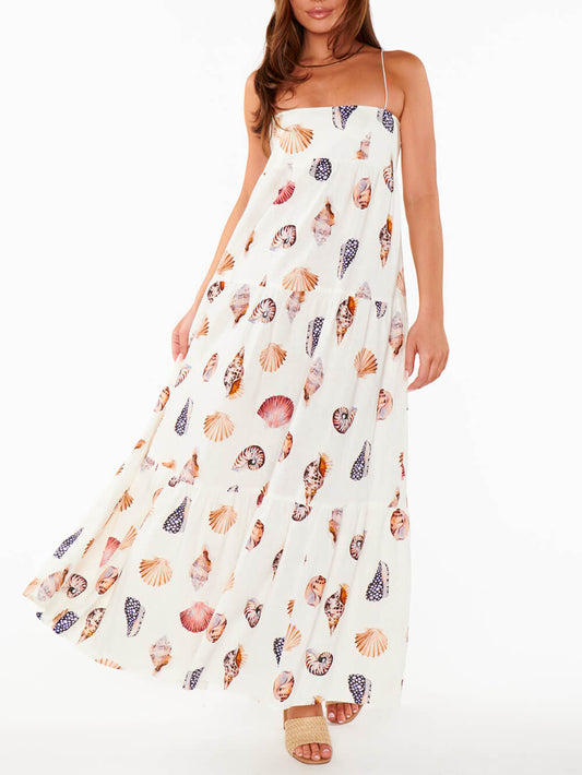 Unique Shell Conch Print Pleated Pockets Lightweight Midi Dress