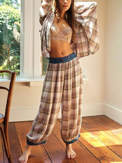 Loose Plaid Buttoned Pajama Set