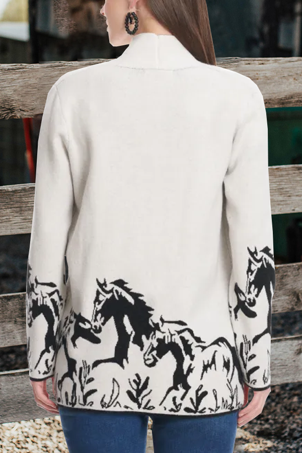 Women's White Sand & Black Wild Horses Print Long Sleeve Soft Cardigan