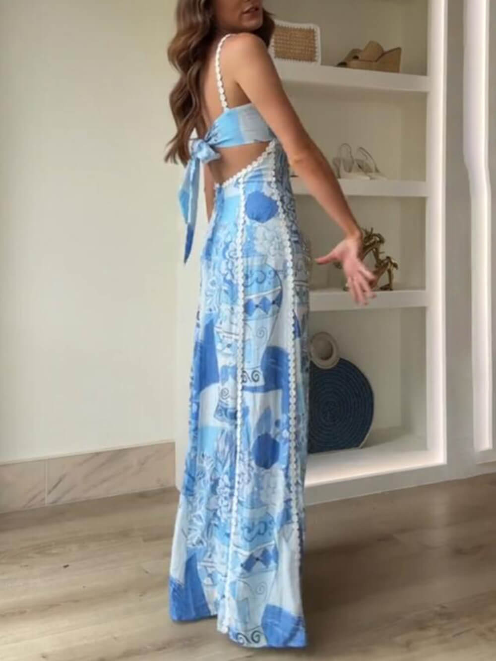 Unique Lace Patchwork Printed Back Tie Halter Flare Maxi Dress