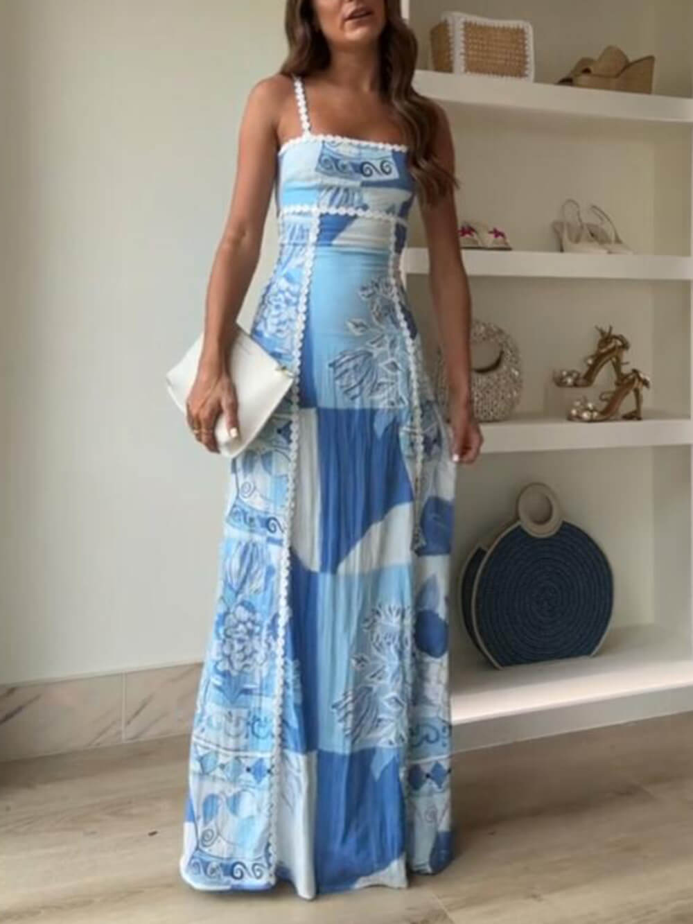 Unique Lace Patchwork Printed Back Tie Halter Flare Maxi Dress