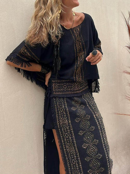 Ethnic Print Tassel Trim Wide Sleeve Loose Top And Skirt Set