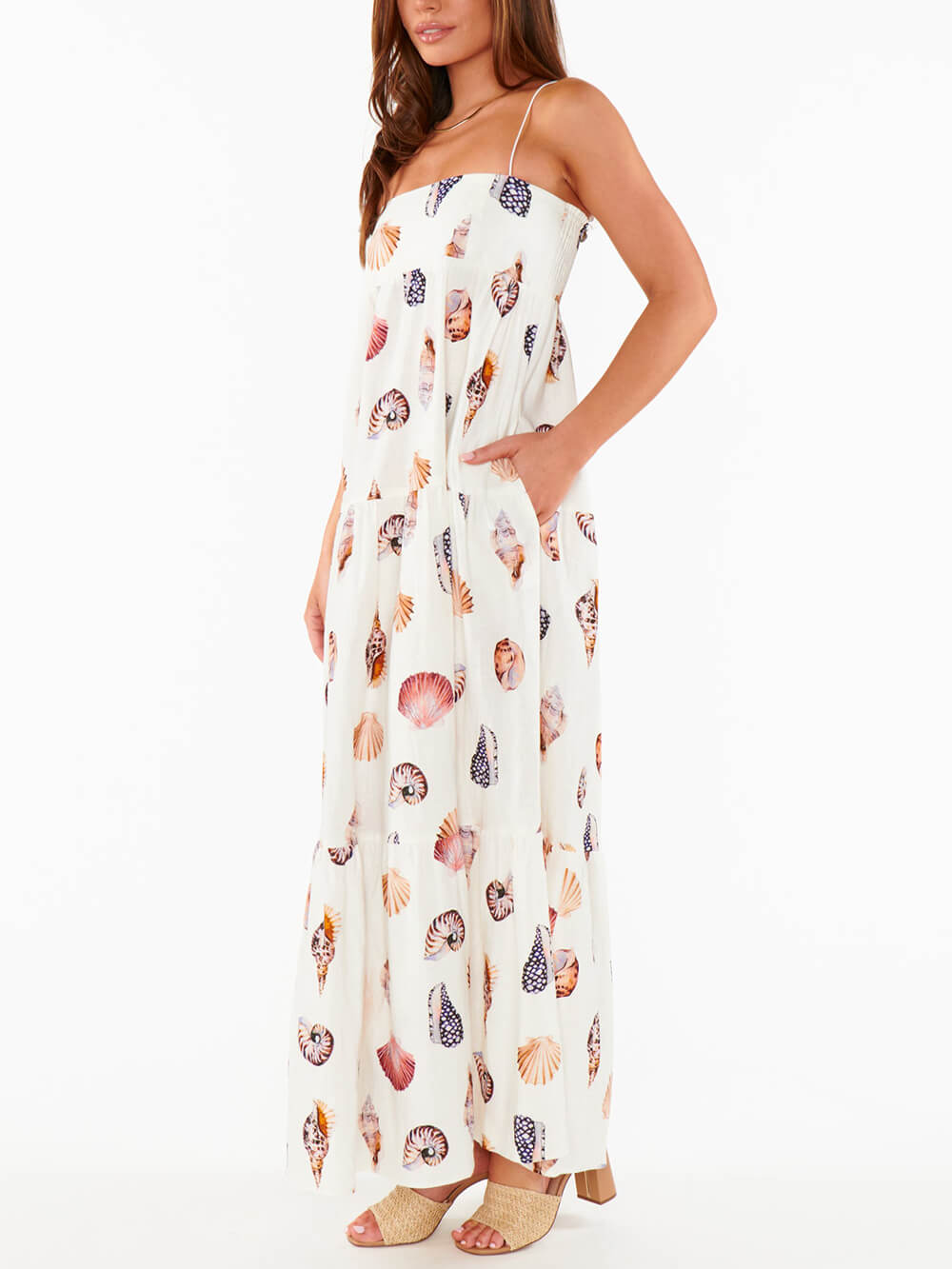 Unique Shell Conch Print Pleated Pockets Lightweight Midi Dress