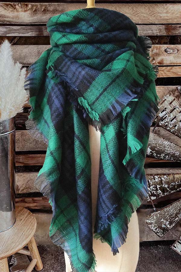 Cashmere Oversized Double-Sided Green Plaid Square Scarf