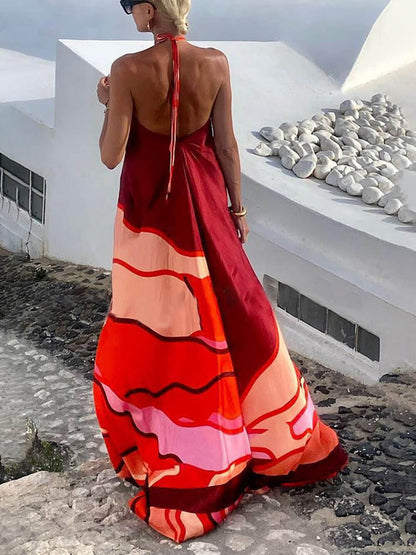 Halter Neck Printed Backless A-Line Maxi Dress