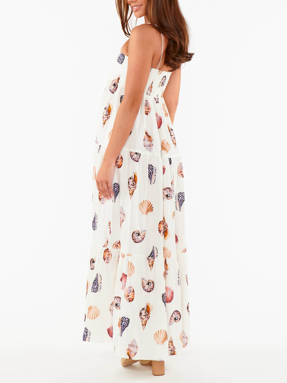 Unique Shell Conch Print Pleated Pockets Lightweight Midi Dress