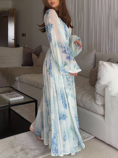 Ocean Flower Chiffon Floral Drawstring Waist Maxi Dress