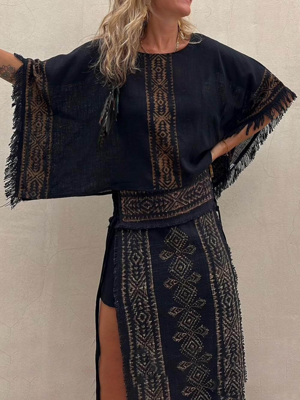 Ethnic Print Tassel Trim Wide Sleeve Loose Top And Skirt Set