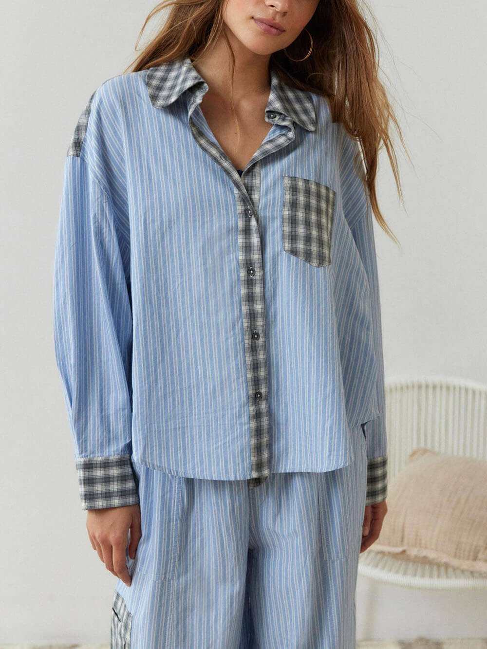 Sky Blue Loose Splice Pajama Set