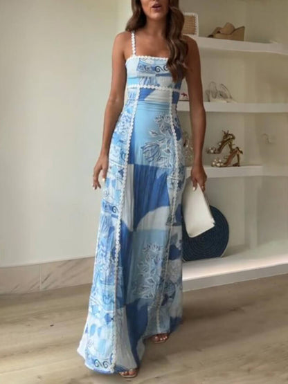 Unique Lace Patchwork Printed Back Tie Halter Flare Maxi Dress