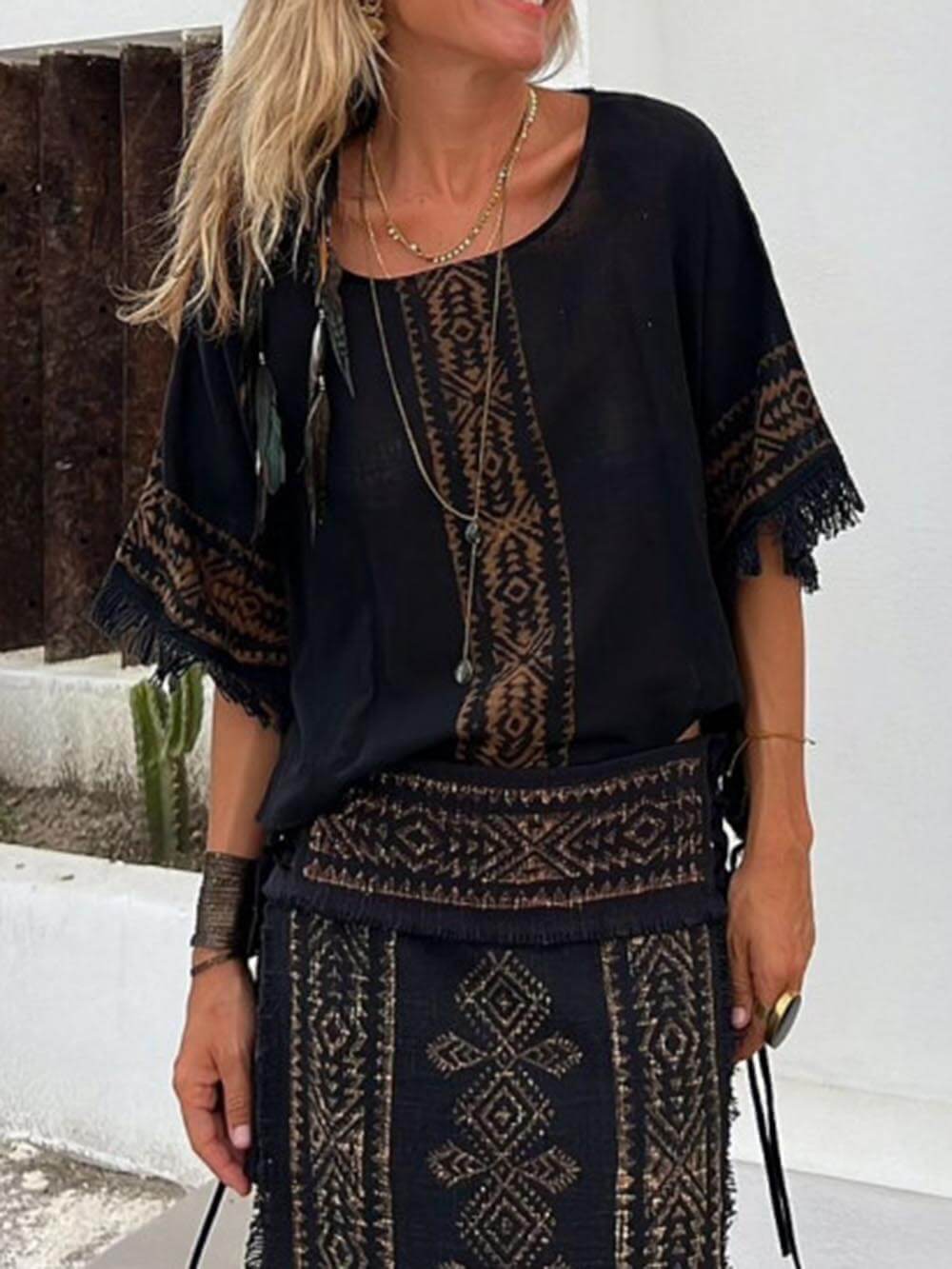 Ethnic Print Tassel Trim Wide Sleeve Loose Top And Skirt Set