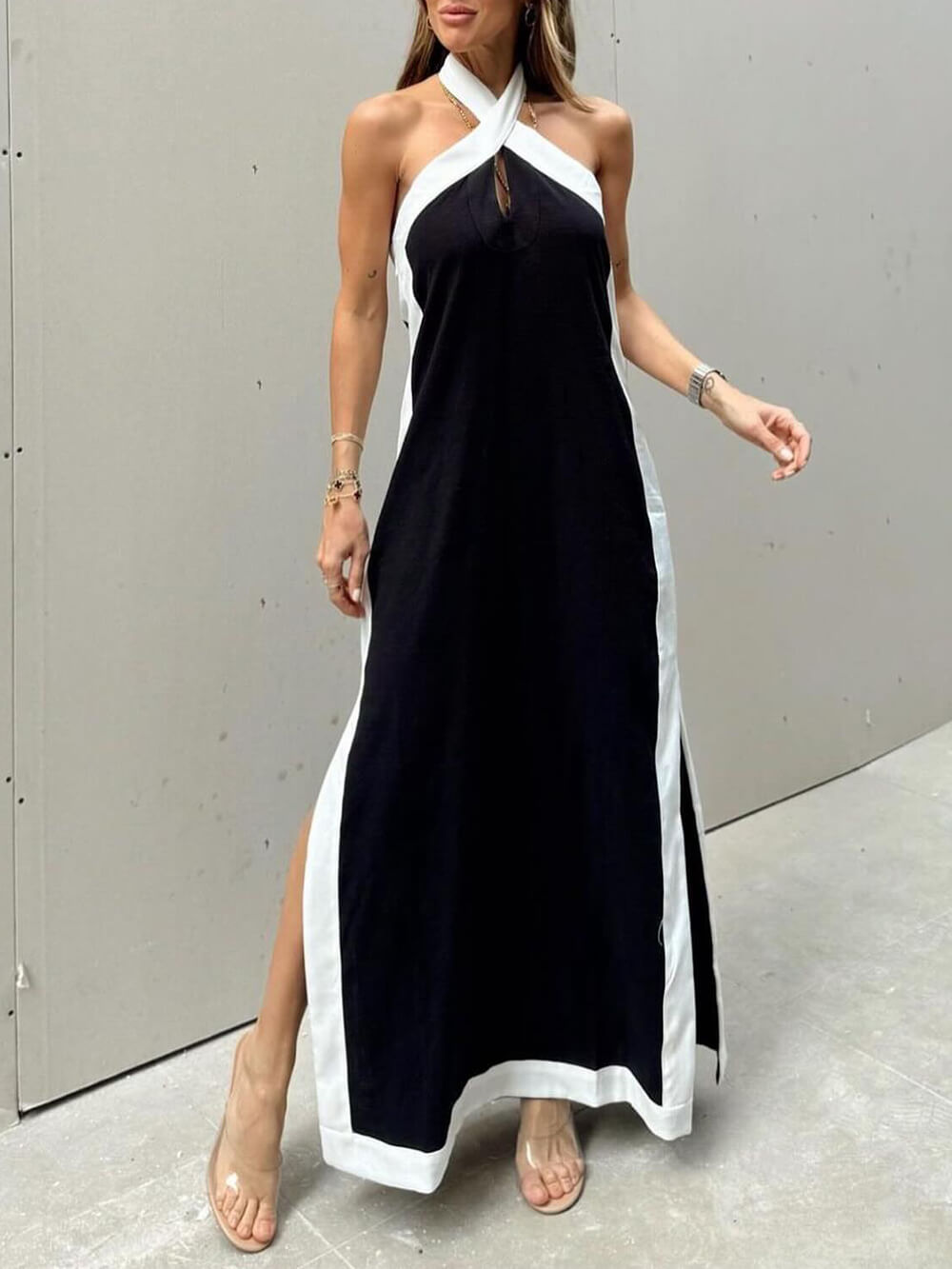 Color Block Halter Neck Slit Maxi Dress