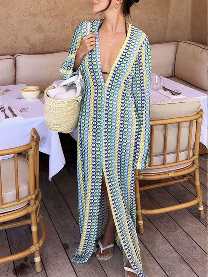 Boho V Neck Bell Sleeve Wavy Striped Crochet Beach Vacation Maxi Dress