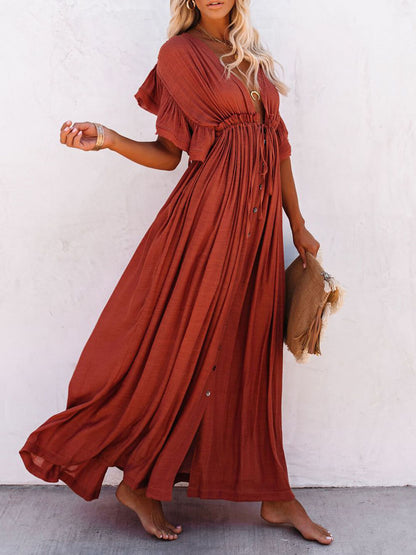 Button Cotton Linen Perfect Beach Boho Maxi Dress