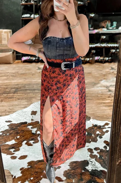 Women's Sexy Bohemian Style Floral Slit High Waist Midi Skirt