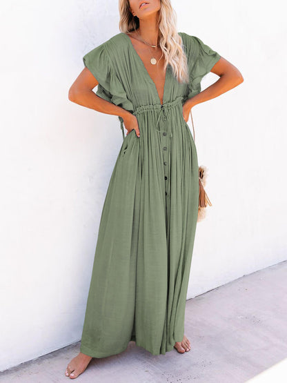 Button Cotton Linen Perfect Beach Boho Maxi Dress