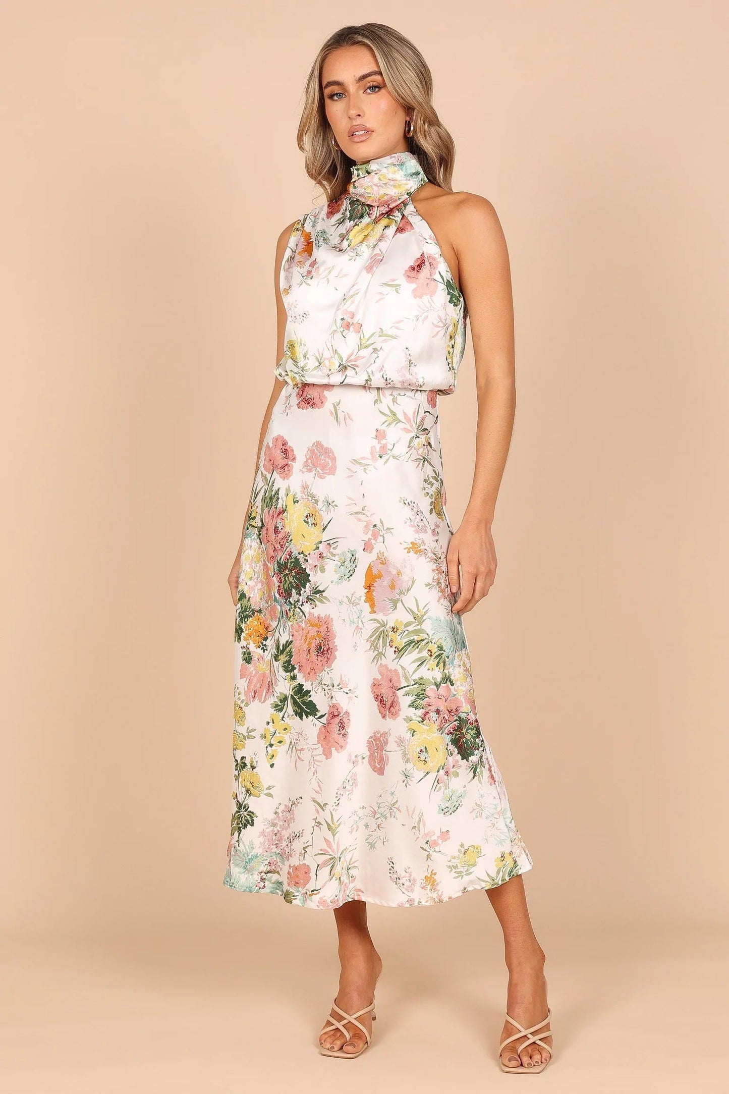 Wine Country Dates Floral Halter Neck Elastic Waist Maxi Dress