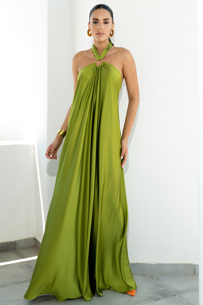 Backless Halter Neck Satin Elegant Maxi Dress