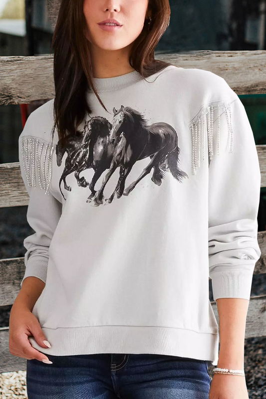 Women's Western Horse Print Rhinestone Pullover