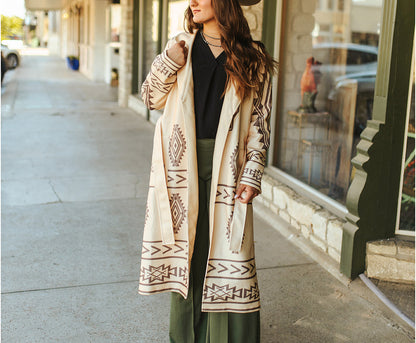 Cream Western Aztec Long Sleeve Suede Coat