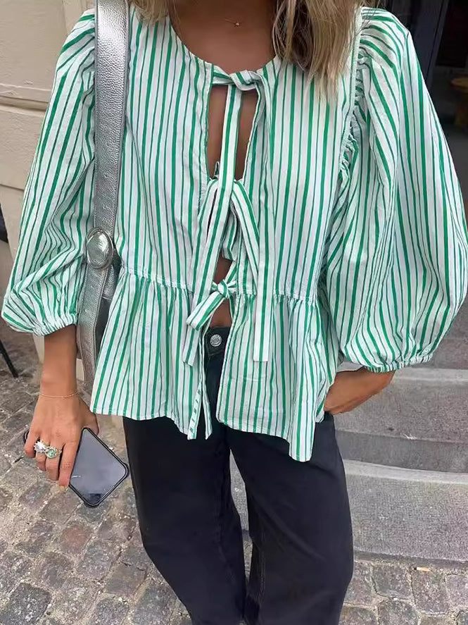 Green Striped Personalized Mid-Length Sleeve Shirt