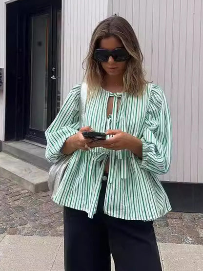 Green Striped Personalized Mid-Length Sleeve Shirt