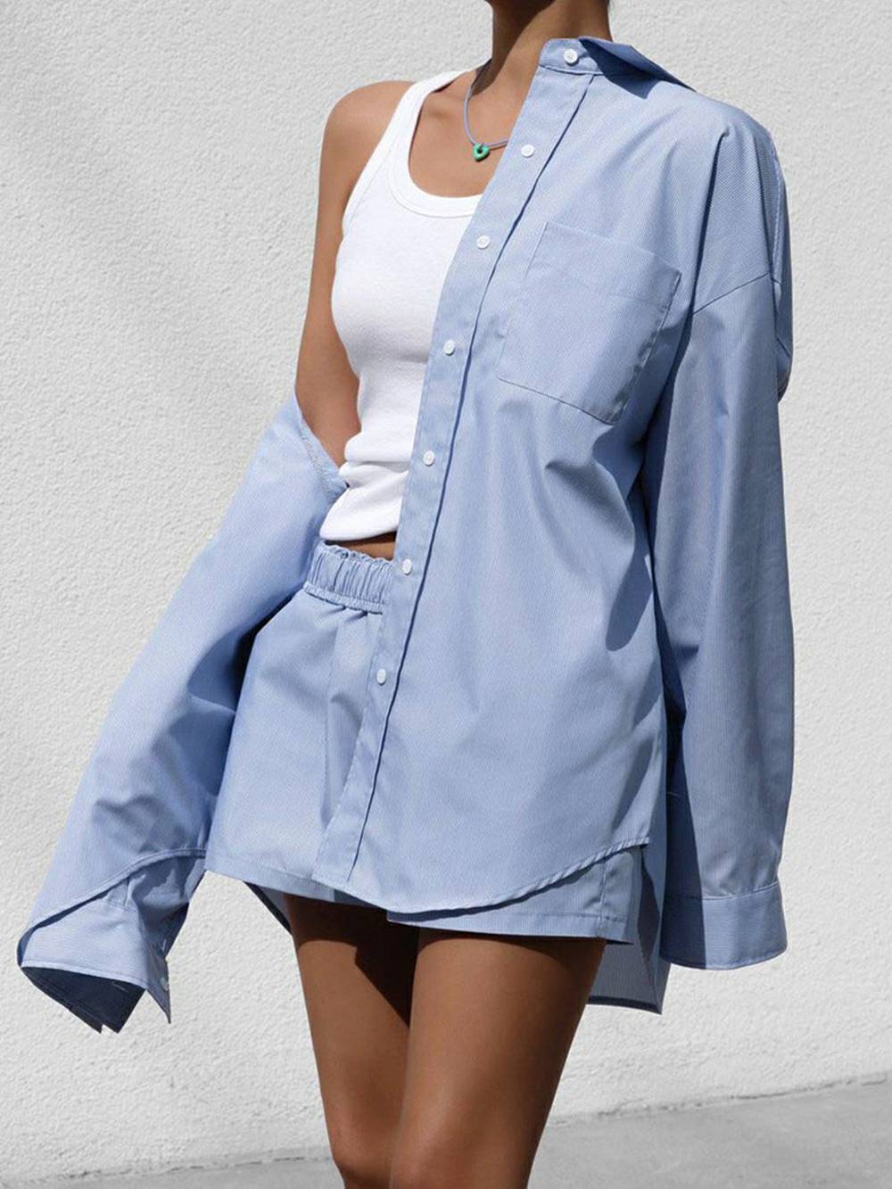 Blue Elegant Long Sleeve Shirt And Short Set