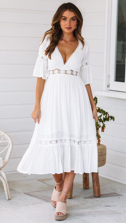 White V Neck Ruffle Hem Lace Midi Dress