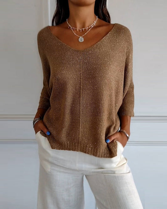 V-neck Mid-sleeve Knitted Comfort Top