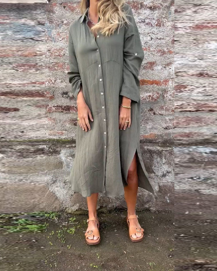 Solid Color Long Lapel Shirt Dress