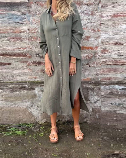 Solid Color Long Lapel Shirt Dress