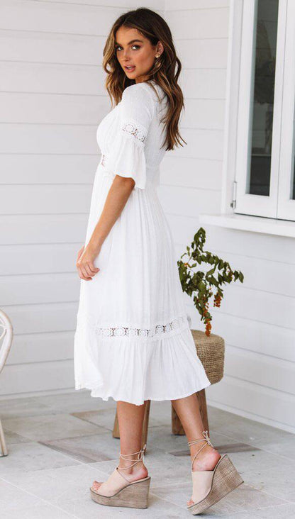 White V Neck Ruffle Hem Lace Midi Dress