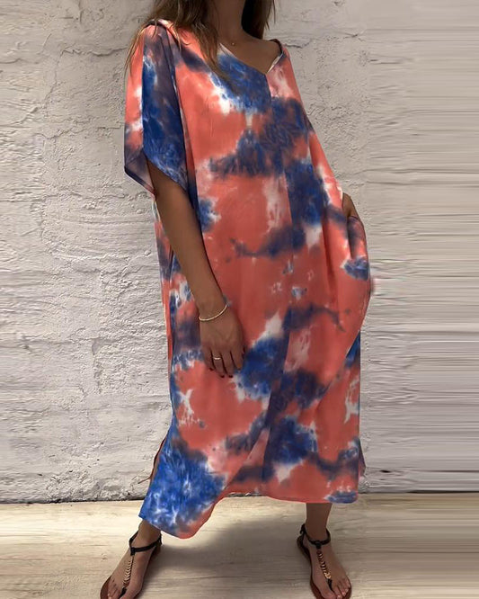 Women's Loose V-neck Short Sleeve Tie-dye Print Maxi Dress