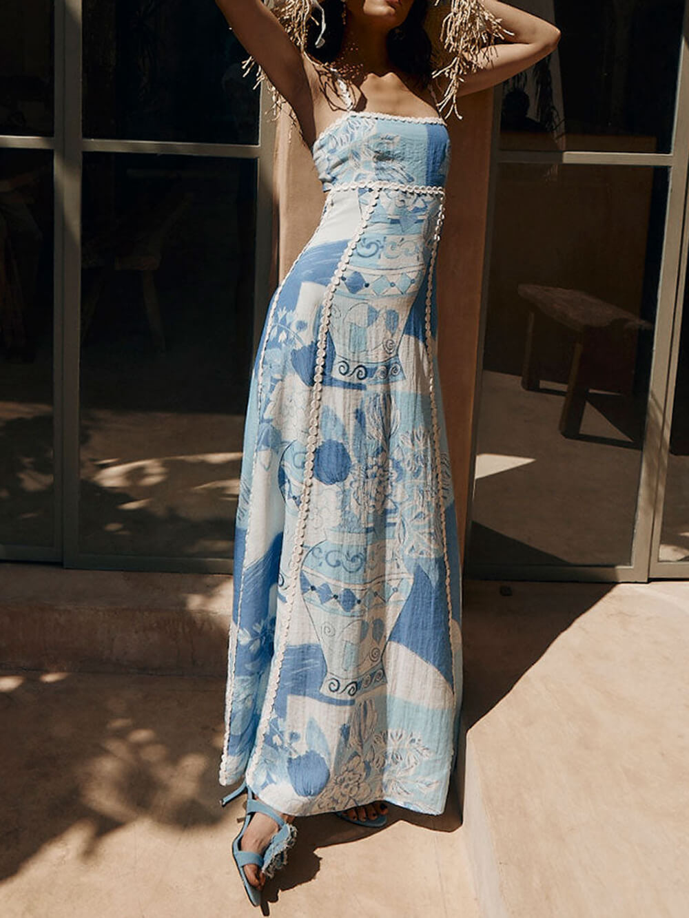 Unique Lace Patchwork Printed Back Tie Halter Flare Maxi Dress