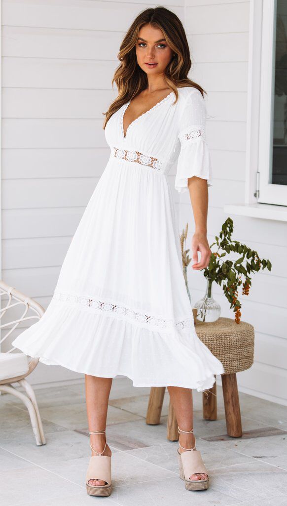 White V Neck Ruffle Hem Lace Midi Dress